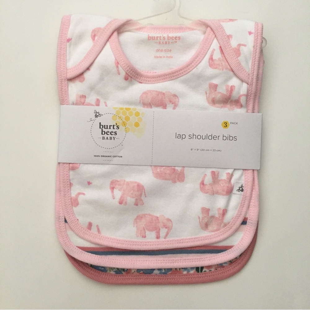 Burt’s Bees 3 Lap Shoulder Bibs Organic Cotton Pink Elephants Stripes Floral NEW